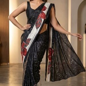 Elegant Black and Red Leaf Print Saree